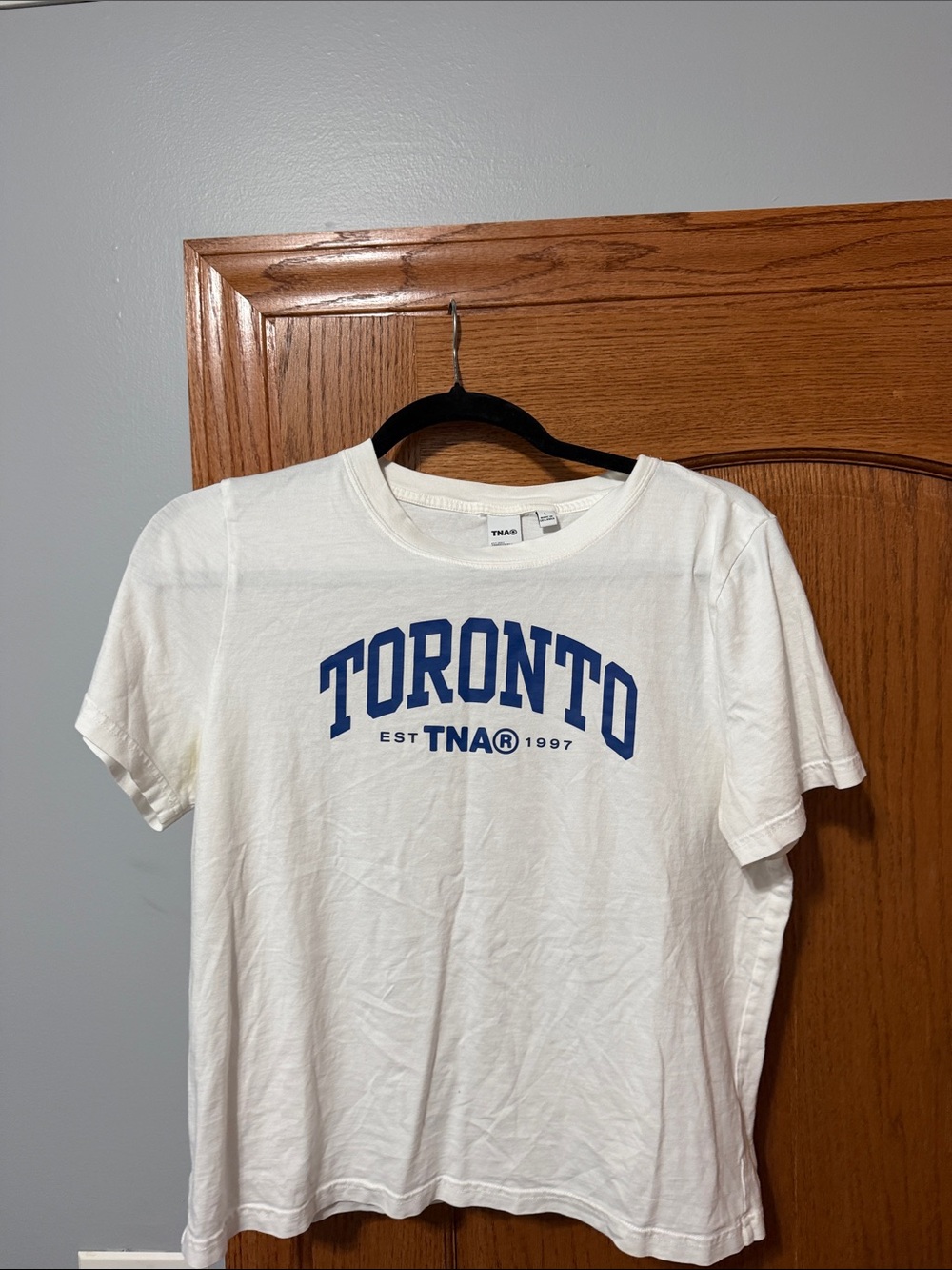 Aritzia TNA White Short-Sleeve Tee with Blue TORONTO Graphic